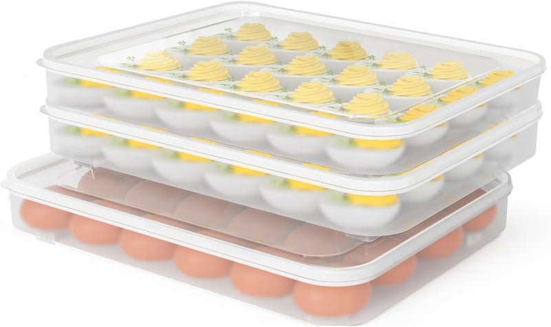 77L Deviled Egg Containers with Lid, (Set of 3), Plastic Egg Holder for Refrigerator for 72 Eggs, Clear Storage Deviled Egg Carrier Tray, Fridge Stackable Countertop Portable Egg Platter - Image 1